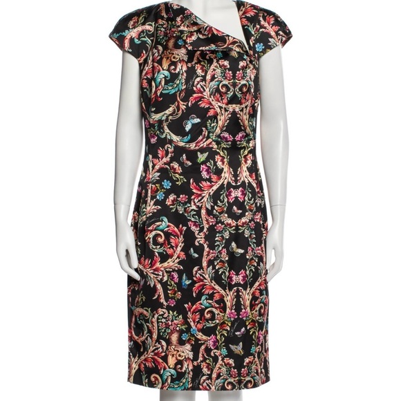 JUST CAVALLI Black Floral Print Shift Midi Cocktail Evening Dress NWT - Picture 1 of 10